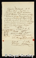 Holland, Charles: certificate of election to the Royal Society