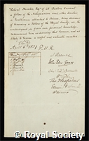 Hunter, Robert: certificate of election to the Royal Society