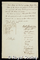 Yates, James: certificate of election to the Royal Society
