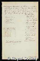 Hansteen, Christopher: certificate of election to the Royal Society