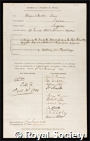 Jones, Thomas Wharton: certificate of election to the Royal Society