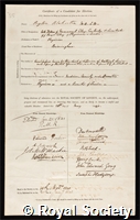 Blakiston, Peyton: certificate of election to the Royal Society