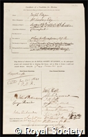 Edye, Joseph: certificate of election to the Royal Society