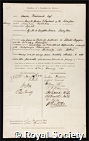 Woodward, Charles: certificate of election to the Royal Society