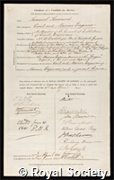Seaward, Samuel: certificate of election to the Royal Society