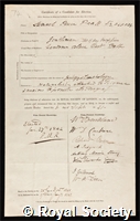 Pratt, Samuel Peace: certificate of election to the Royal Society