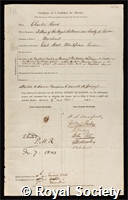 Hood, Charles: certificate of election to the Royal Society