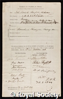 Stanford, John Frederick: certificate of election to the Royal Society