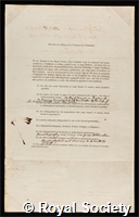 Barrow, John: certificate of election to the Royal Society