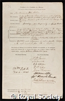 Wilson, John: certificate of election to the Royal Society