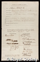 Sopwith, Thomas: certificate of election to the Royal Society