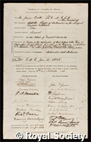 Booth, James: certificate of election to the Royal Society