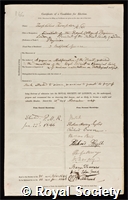 Thompson, Theophilus: certificate of election to the Royal Society