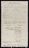 Liddell, Sir John: certificate of election to the Royal Society
