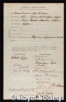 Acland, Sir Henry Wentworth Dyke: certificate of election to the Royal Society