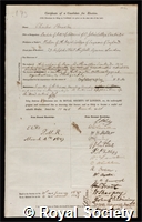 Brooke, Charles: certificate of election to the Royal Society