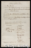 Ellis, Thomas Flower: certificate of election to the Royal Society