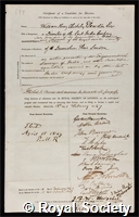 Plowden, William Henry Chicheley: certificate of election to the Royal Society