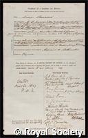 Burrows, Sir George: certificate of election to the Royal Society