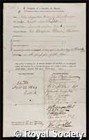 Simpkinson, Sir John Augustus Francis: certificate of election to the Royal Society
