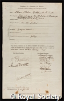 Oldham, Thomas: certificate of election to the Royal Society
