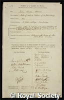 Adams, John Couch: certificate of election to the Royal Society