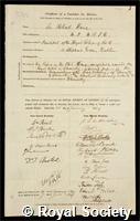 Kane, Sir Robert John: certificate of election to the Royal Society