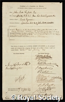 Russell, John Scott: certificate of election to the Royal Society