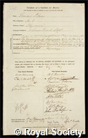 Sibson, Francis: certificate of election to the Royal Society