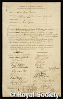Burton, James Ryder: certificate of election to the Royal Society