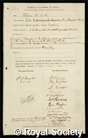 Rue, Warren de la: certificate of election to the Royal Society