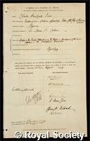 Jones, Charles Handfield: certificate of election to the Royal Society