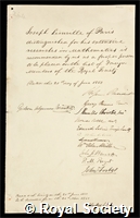 Liouville, Joseph: certificate of election to the Royal Society