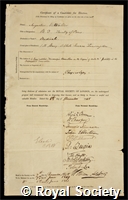 Waller, Augustus Volney: certificate of election to the Royal Society