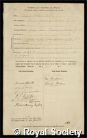 Blair, Daniel: certificate of election to the Royal Society