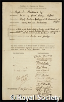 Strickland, Hugh Edwin: certificate of election to the Royal Society