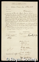 Claudet, Antoine Jean Francois: certificate of election to the Royal Society