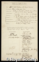 Strachey, Sir Richard: certificate of election to the Royal Society