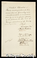 Chasles, Michel: certificate of election to the Royal Society