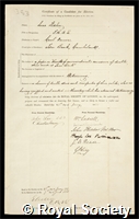 Fletcher, Isaac: certificate of election to the Royal Society
