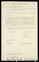 Hippisley, John: certificate of election to the Royal Society