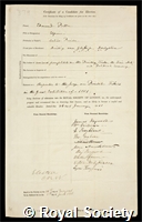 Potter, Edmund: certificate of election to the Royal Society