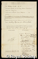 Smith, Sir Andrew: certificate of election to the Royal Society