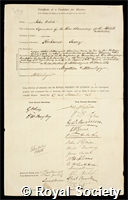 Welsh, John: certificate of election to the Royal Society