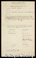Currey, Frederick: certificate of election to the Royal Society