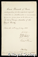 Poinsot, Louis: certificate of election to the Royal Society