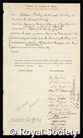 Odling, William: certificate of election to the Royal Society