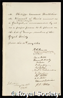 Verneuil, Philippe Edouard Pouletier de: certificate of election to the Royal Society