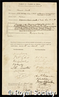 Smith, Edward: certificate of election to the Royal Society