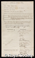 Siemens, Sir Charles William: certificate of election to the Royal Society